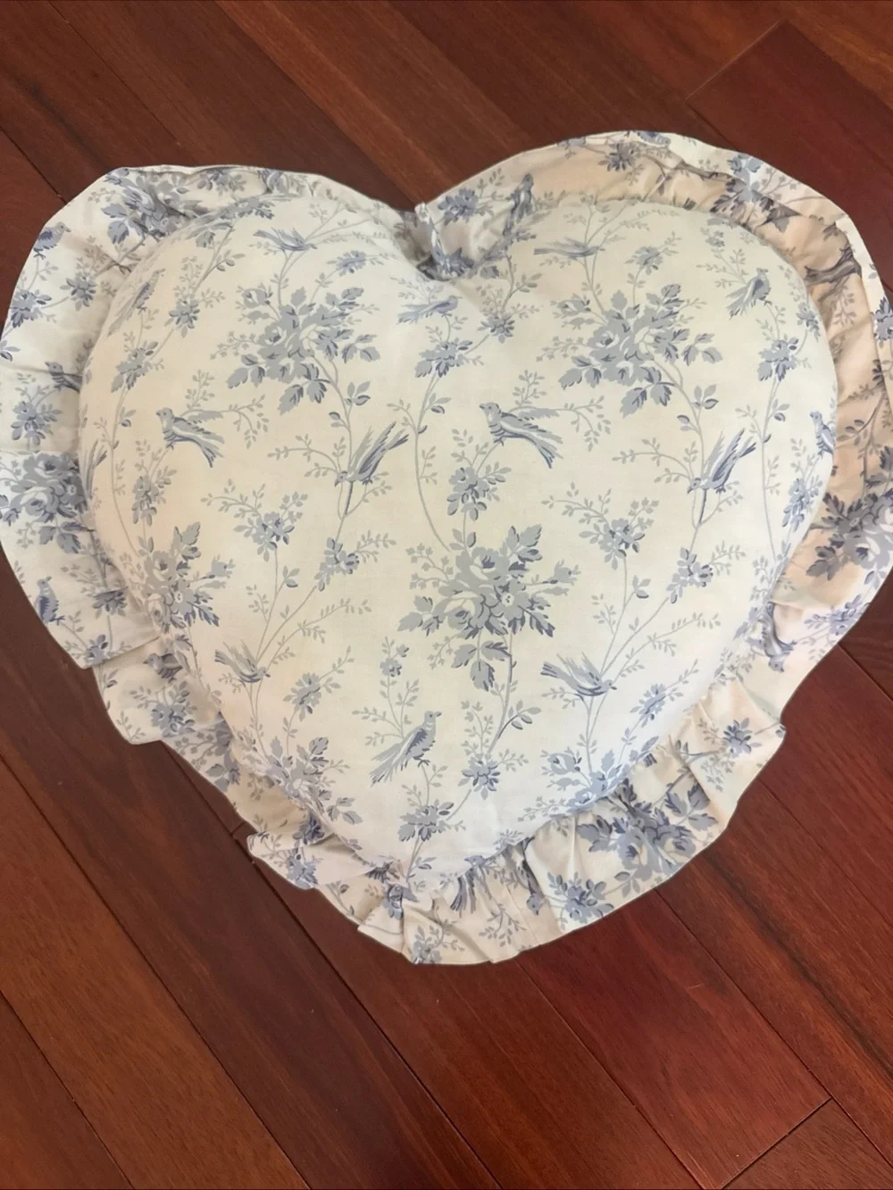 Rachel Ashwell Shabby Chic Heart Pillow Cream And Blue Floral & Birds Ruffle